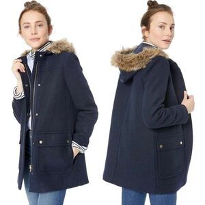 J. Crew Mercantile Faux Fur Hooded Wool Vail Parka Jacket Navy Blue Size 8